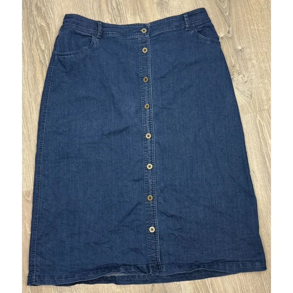 Laura Scott Denim Jean Y2K Midi Skirt 16 Button Up Pockets Elastic Waist Classic